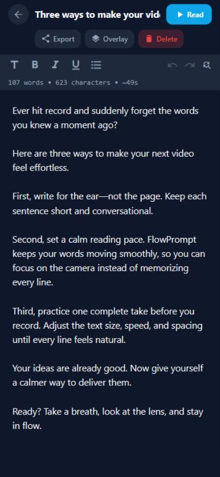 FlowPrompt script editor with realistic demo copy